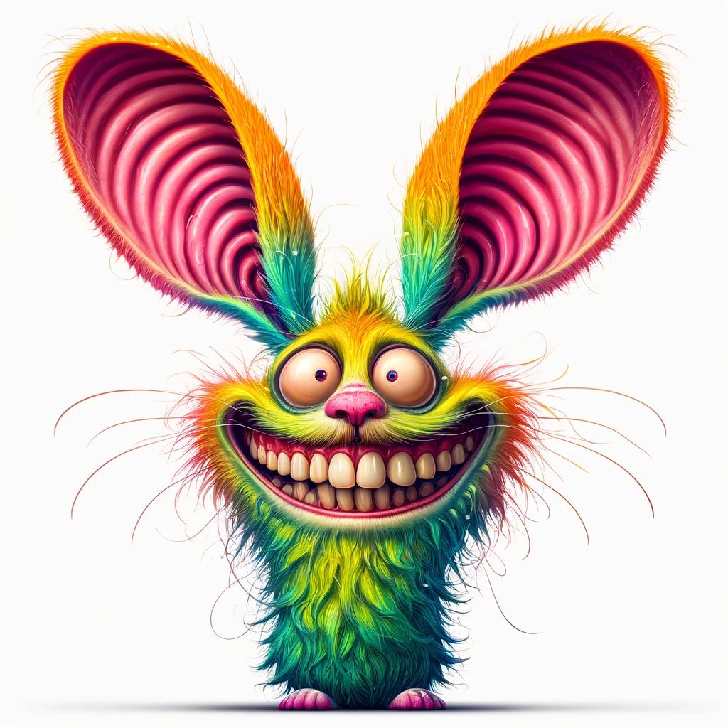Kleurrijke, gekke door AI-gegenereerde afbeelding van een Haas, met grote tanden